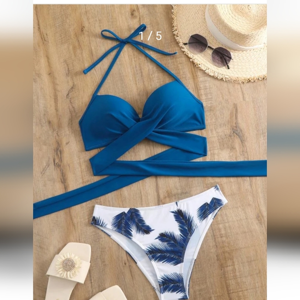 Shein Tropical Print             Blue and White Bikini